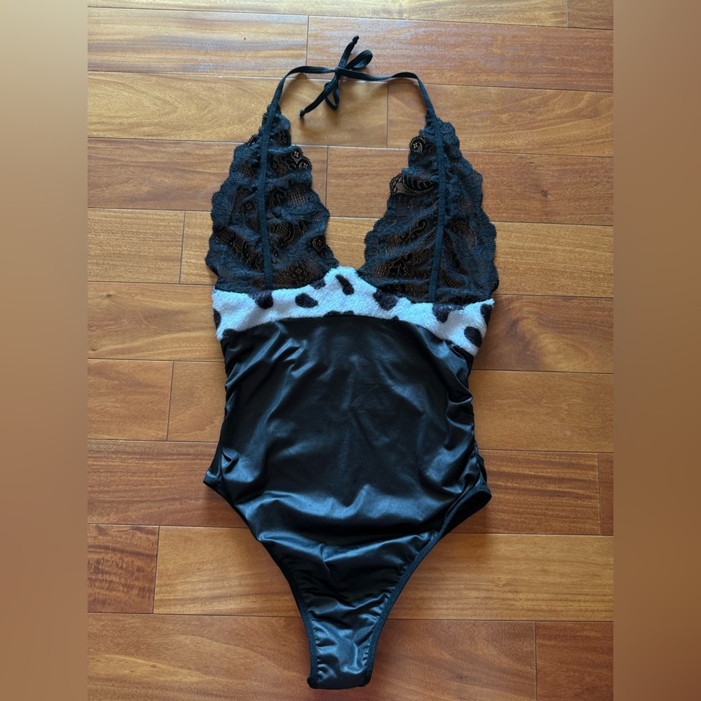Yandy Cow Print Lace Halter Bodysuit